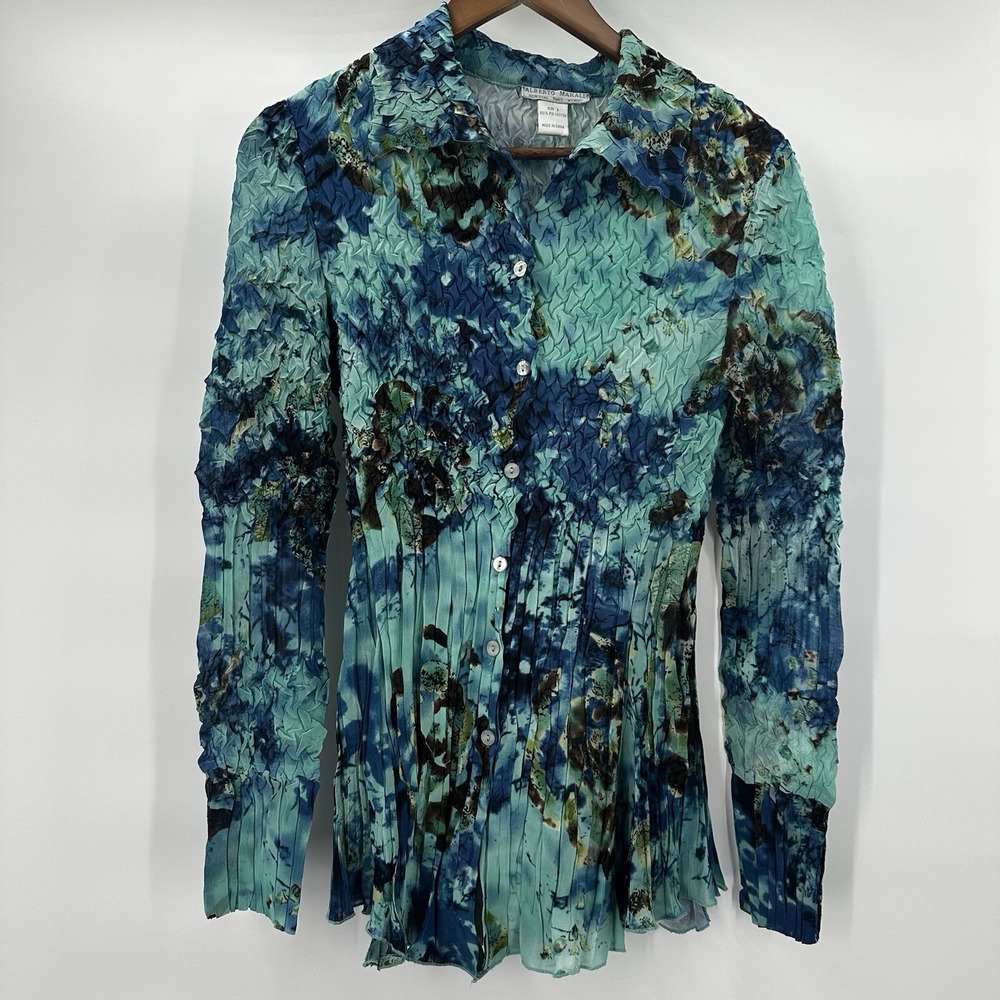 Alberto Makali‎ Top Shirt Womens Small Blue Blouse Art Textured Crinkle